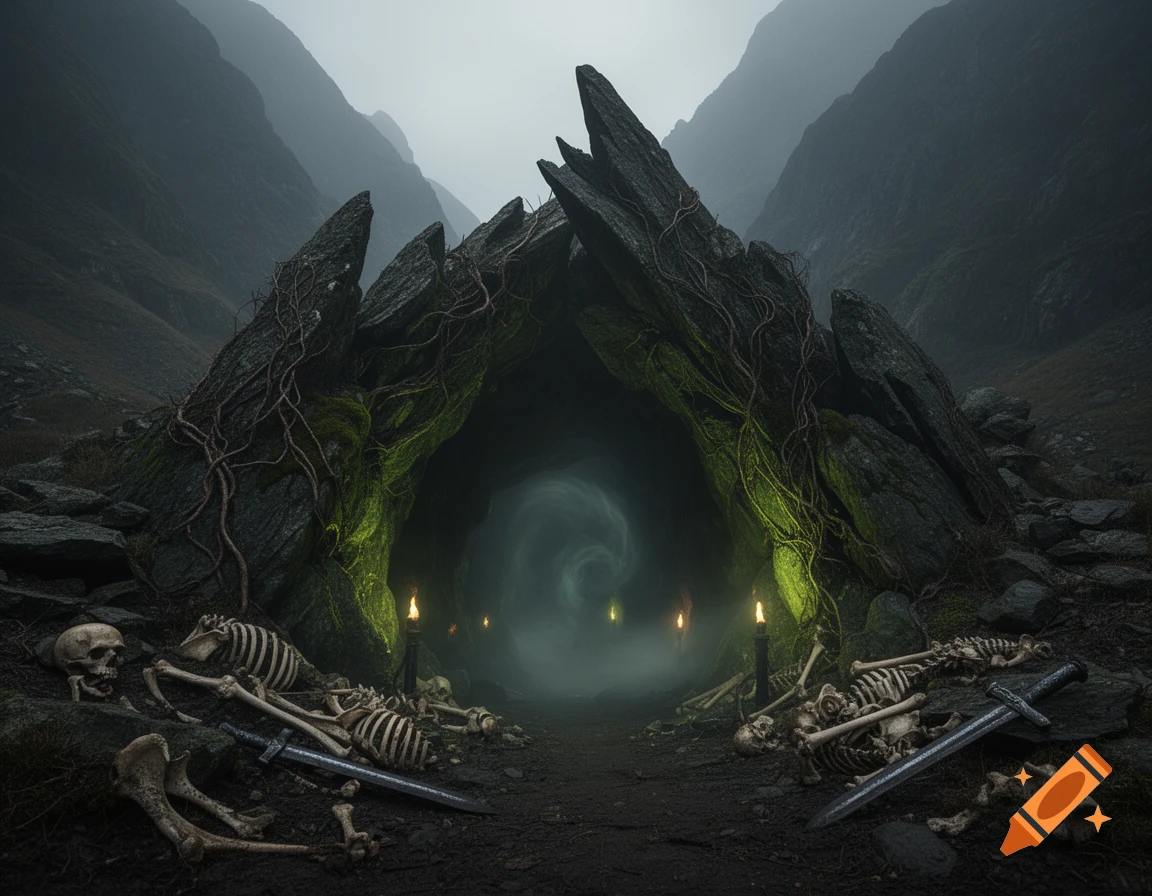A dark, atmospheric cave entrance framed by jagged rocks and vines, with a green swirling mist inside and scattered human skeletons and swords on the ground.