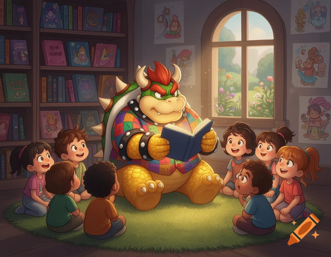 Bowser in a colorful patchwork sweater reads a book to a group of diverse children sitting on a green rug, surrounded by bookshelves and drawings in a cozy room.