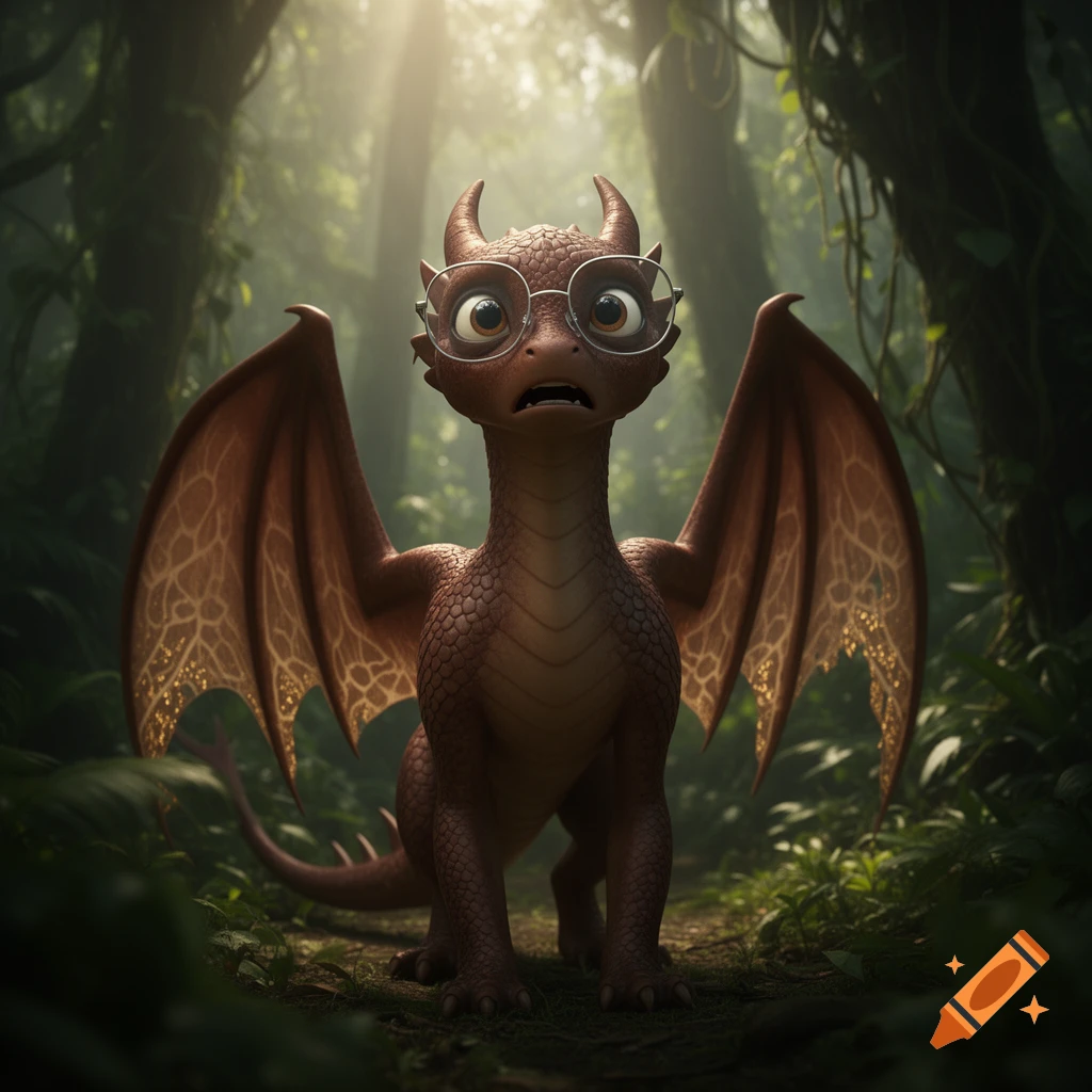 A scared-looking, mahogany brown dragon with large, round glasses stands in a lush, sunlit jungle.