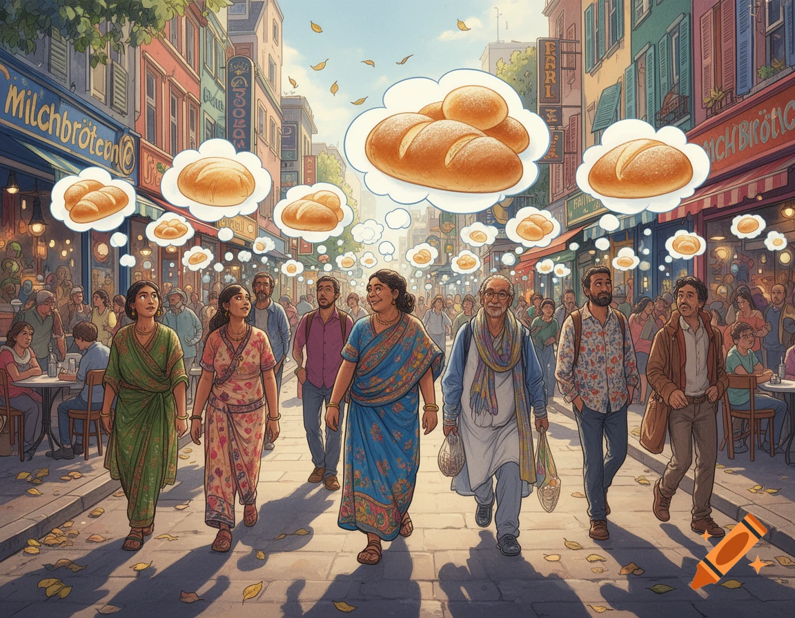 Illustrative street scene with people walking on a street, some with thought bubbles of bread above their heads, in front of shops.
