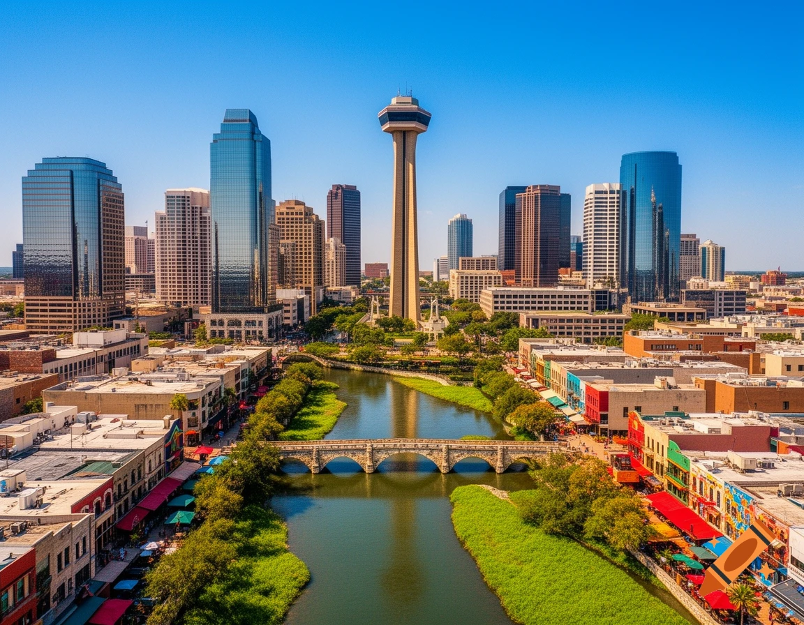 Aerial view of a vibrant cityscape featuring a winding river, colorful buildings, bridges, and a tall observation tower against a clear blue sky.