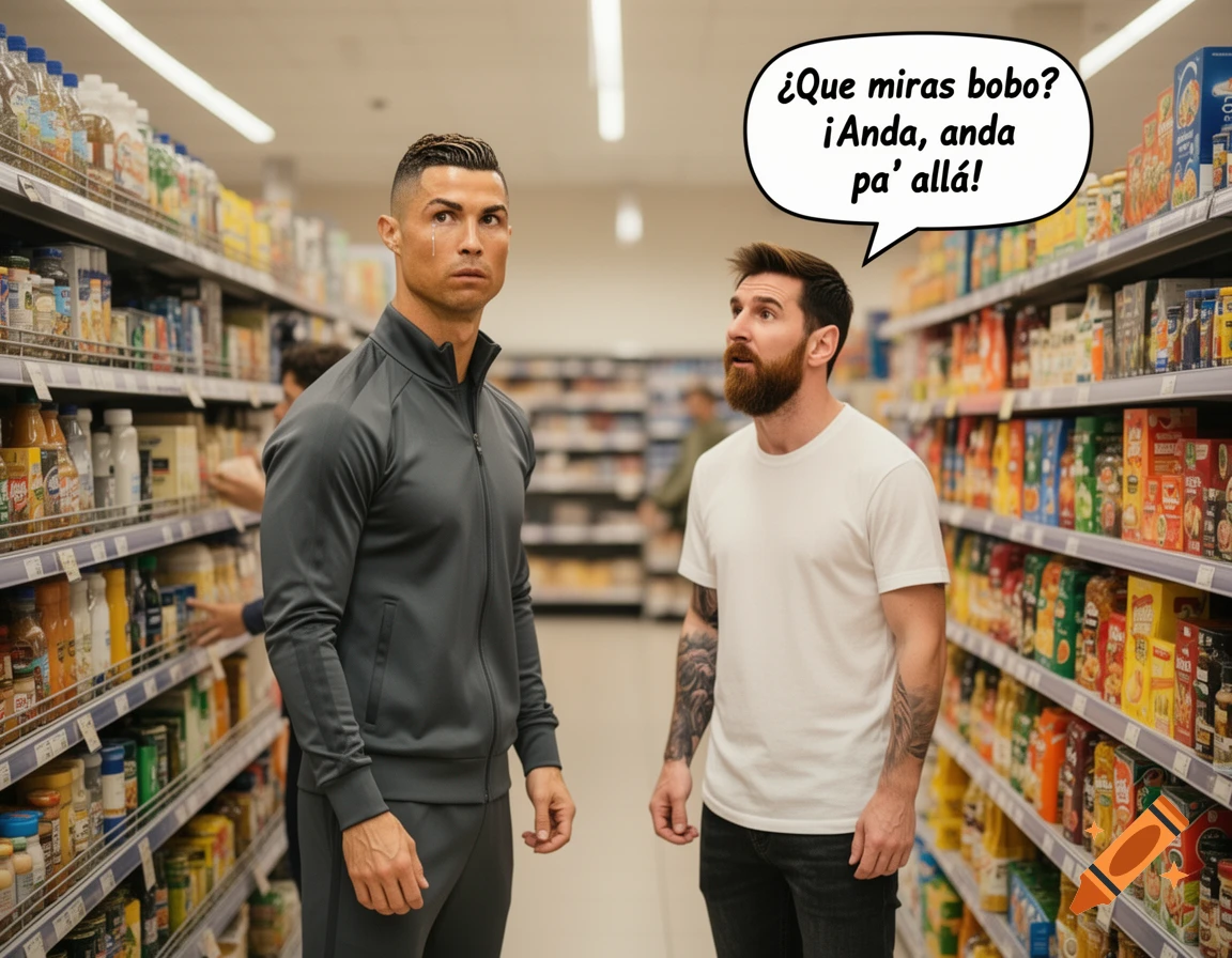 Photorealistic image of soccer stars Cristiano Ronaldo and Lionel Messi in a supermarket aisle. Ronaldo looks distressed, while Messi, with a speech bubble, seems to confront him.