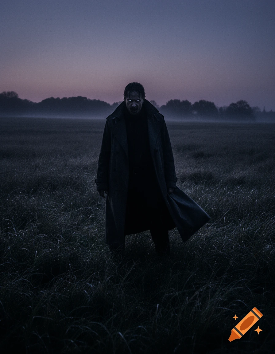 A menacing man with glowing eyes in a dark trench coat stands in a misty field at dusk, with silhouetted trees in the distance.