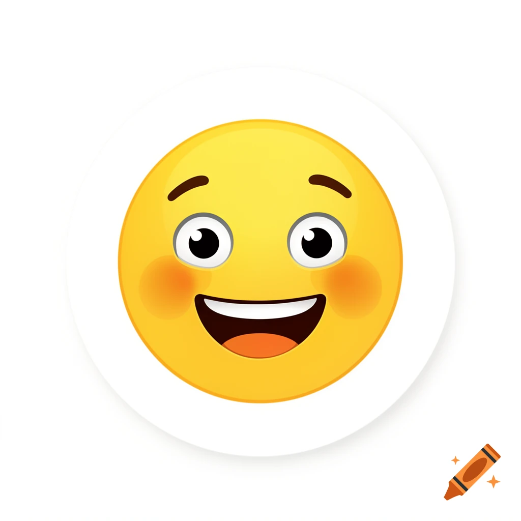 A bright yellow smiling emoji with rosy cheeks and wide open eyes within a white circle.