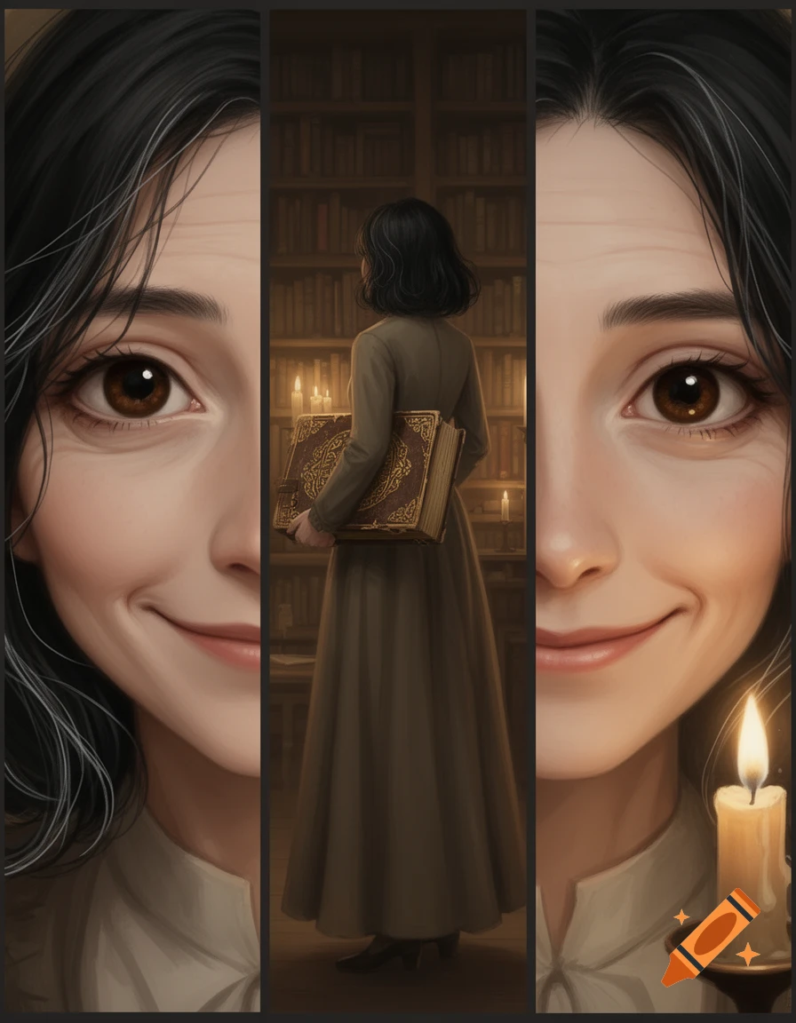 A three-panel image of a smiling woman in a library, holding an ornate book. Side panels are close-ups of her face.