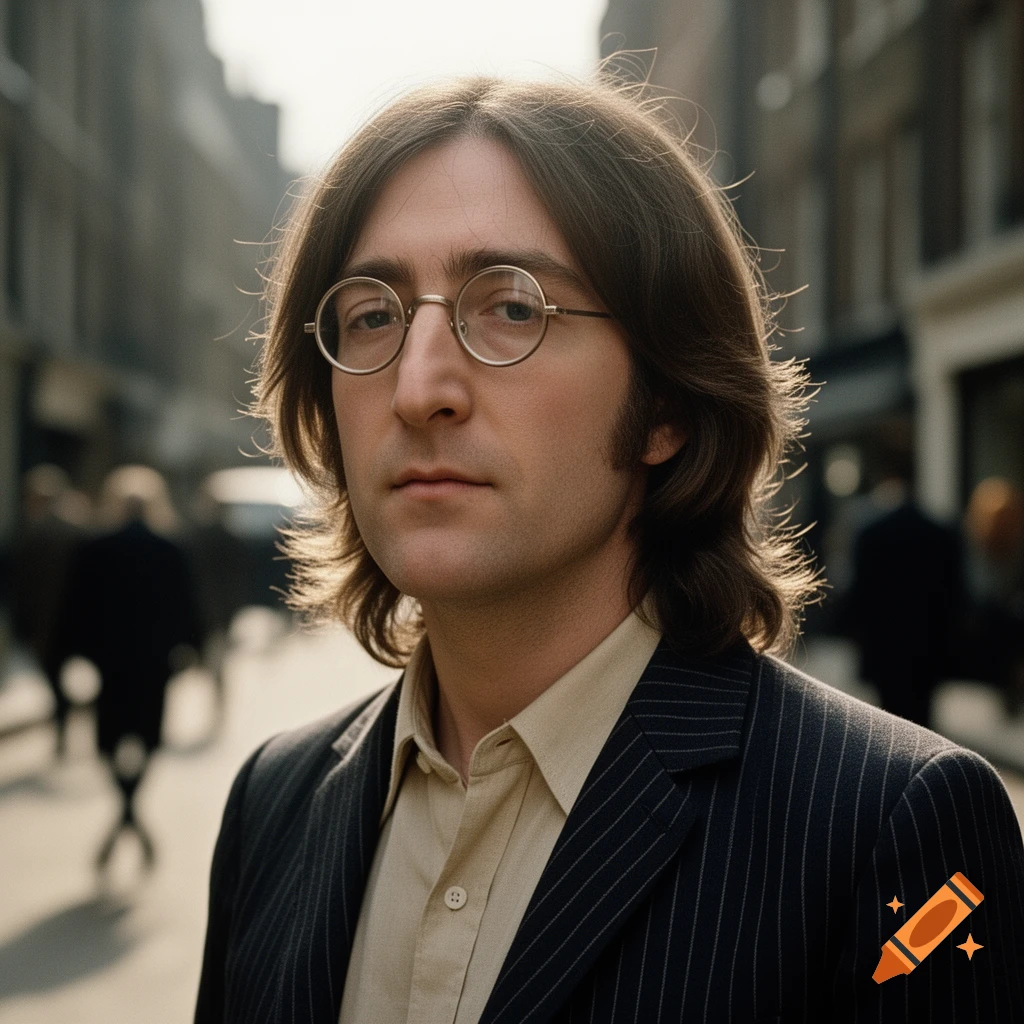 Photorealistic portrait of a man resembling John Lennon in round glasses and pinstriped suit on a sunny street.