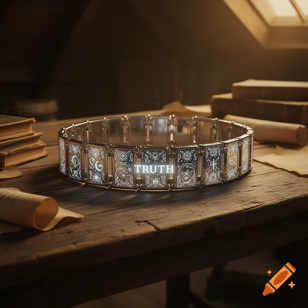 A decorative metal belt with glowing panels spelling TRUTH and mystical symbols rests on a wooden table with old books.