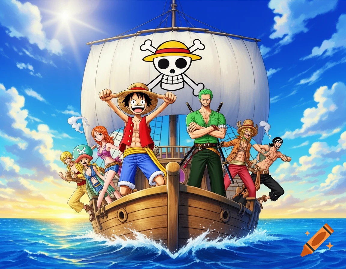 Luffy and the Straw Hat Pirates sail on the Going Merry under a sunny sky in an anime art style.