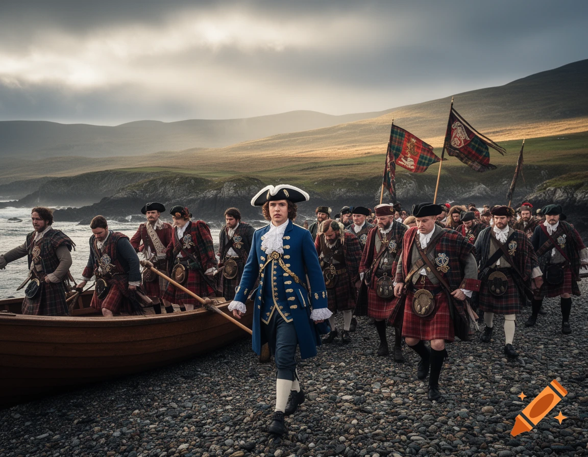 Bonnie Prince Charlie in a blue coat and tricorn hat leads kilted followers ashore on a rocky Scottish beach.