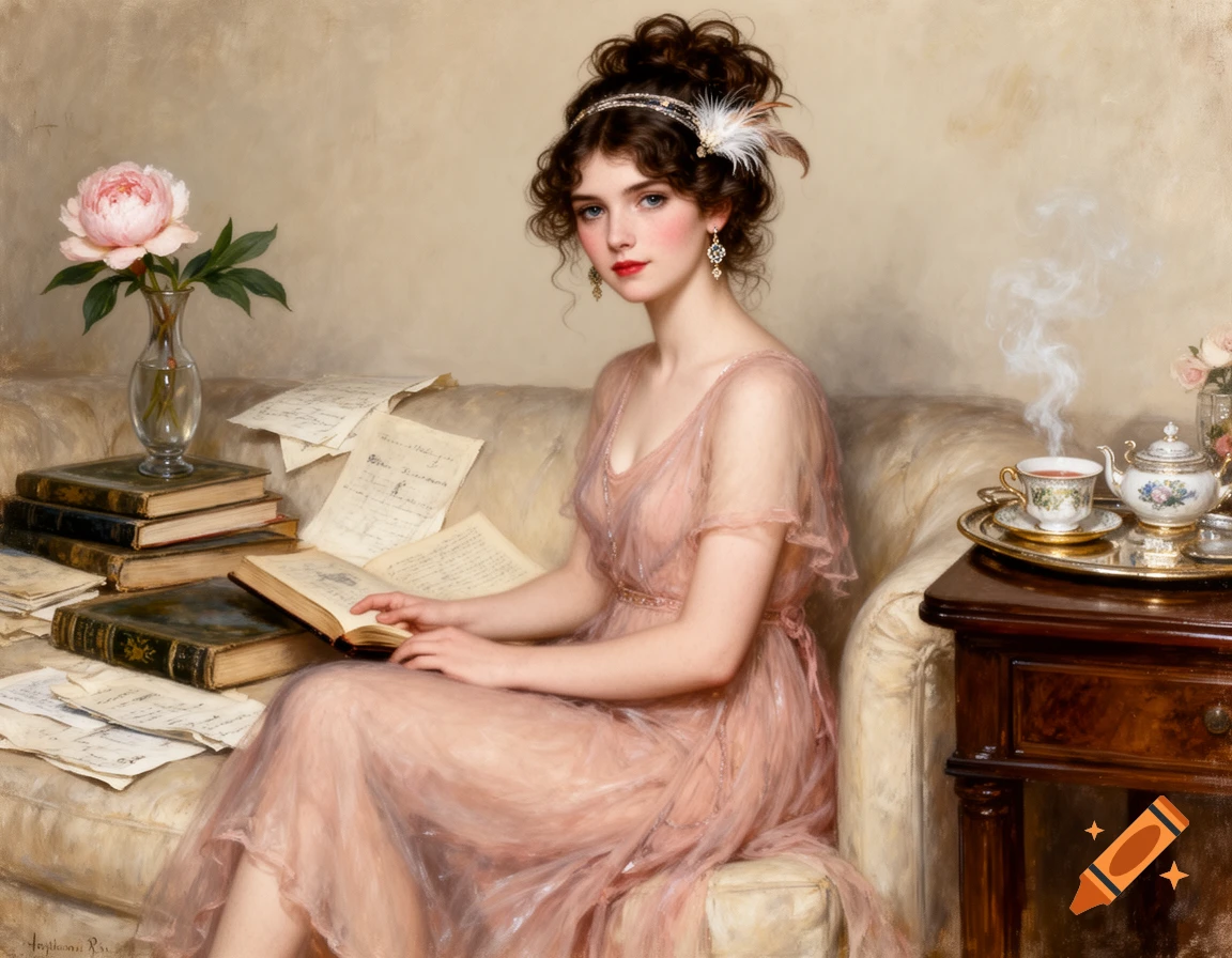 Impressionist painting of a young woman in a sheer pink dress reading a book on a sofa, with a peony in a vase and a tea set.