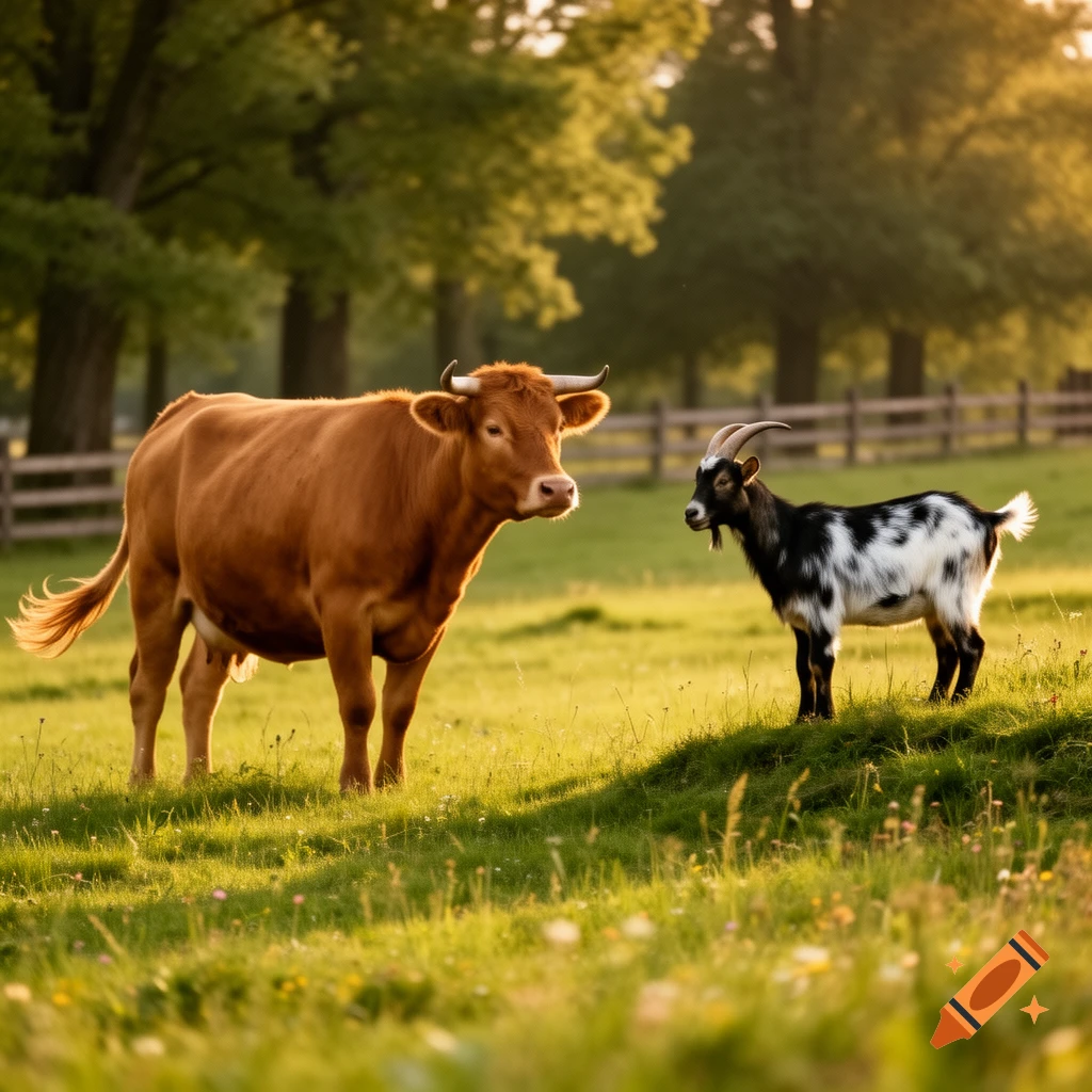 A brown cow in a sunny green field looks at a black and white goat on a small hill. Photorealistic.
