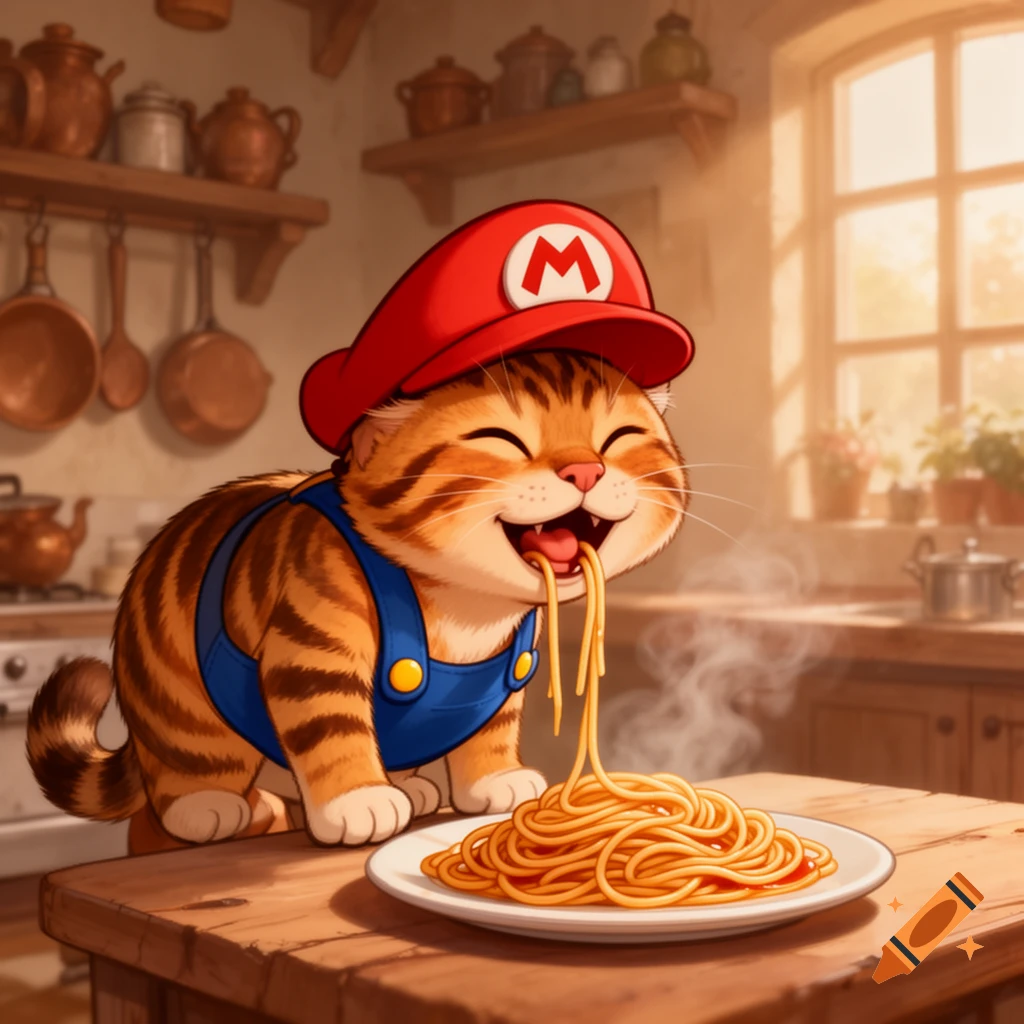 A cartoon tabby cat wearing a Mario hat and overalls happily eats a plate of spaghetti in a cozy kitchen.