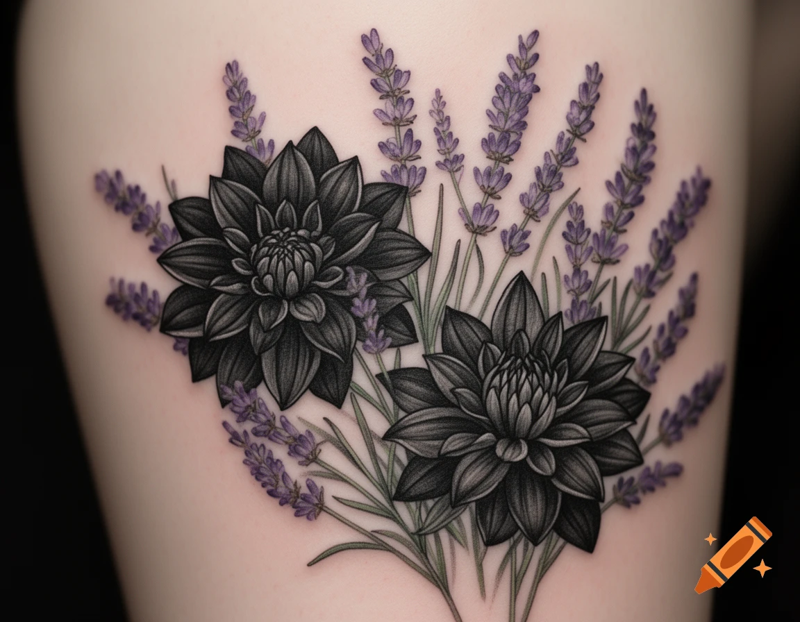 A quarter-sleeve tattoo featuring two black dahlia flowers surrounded by purple lavender plants on light skin.