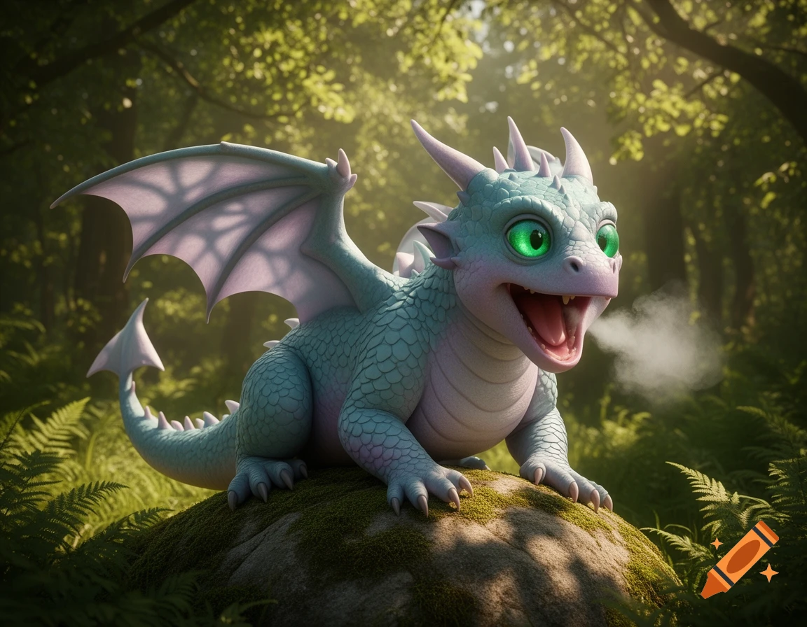 A cute, light blue-green baby dragon with big green eyes sits on a mossy rock in a sunlit forest, exhaling a puff of smoke from its open mouth. Cartoon 3D render.
