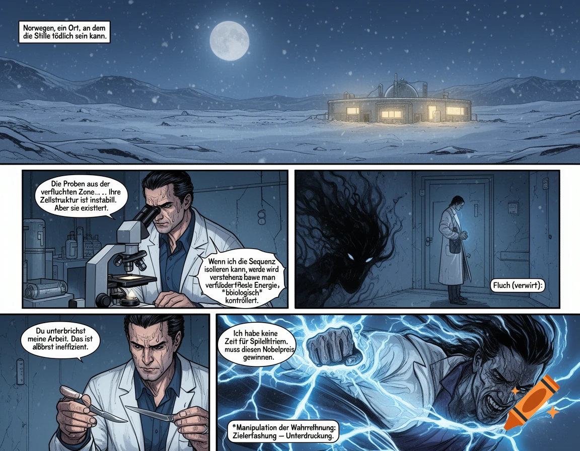 Comic book panels show a snowy landscape with a research base, a scientist examining samples under a microscope, holding scalpels, confronting a shadowy entity, and crackling with blue energy.