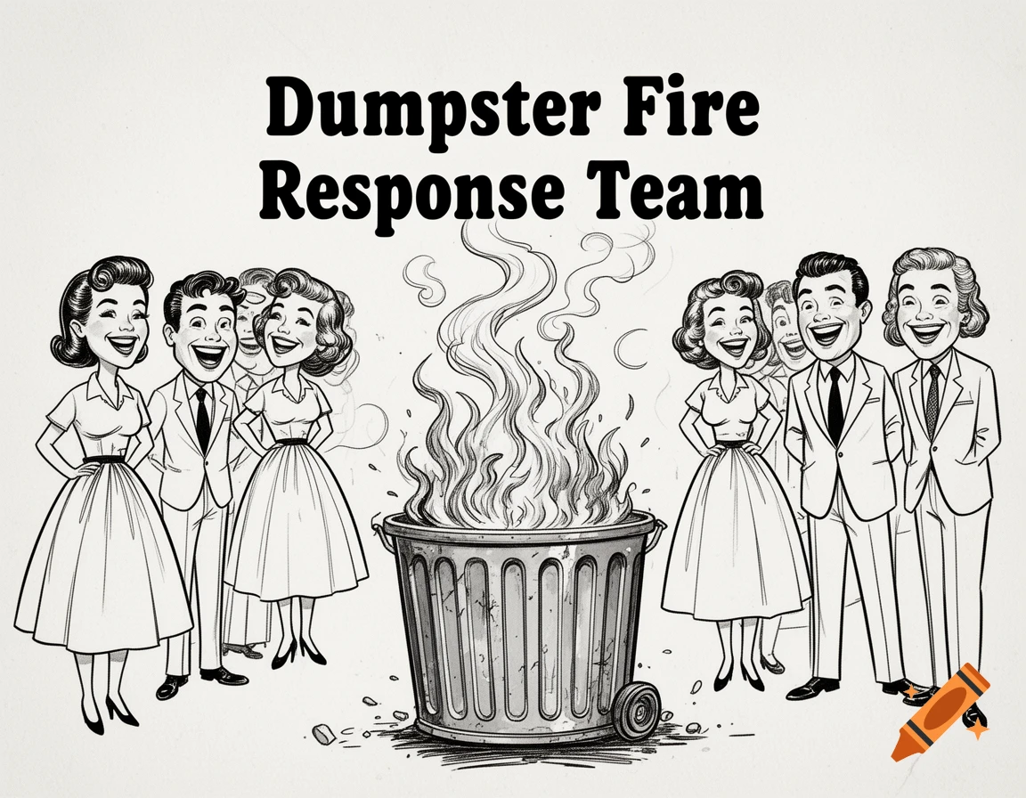 A black and white vintage illustration of smiling people in 1950s attire standing around a burning dumpster, with the text 'Dumpster Fire Response Team'.
