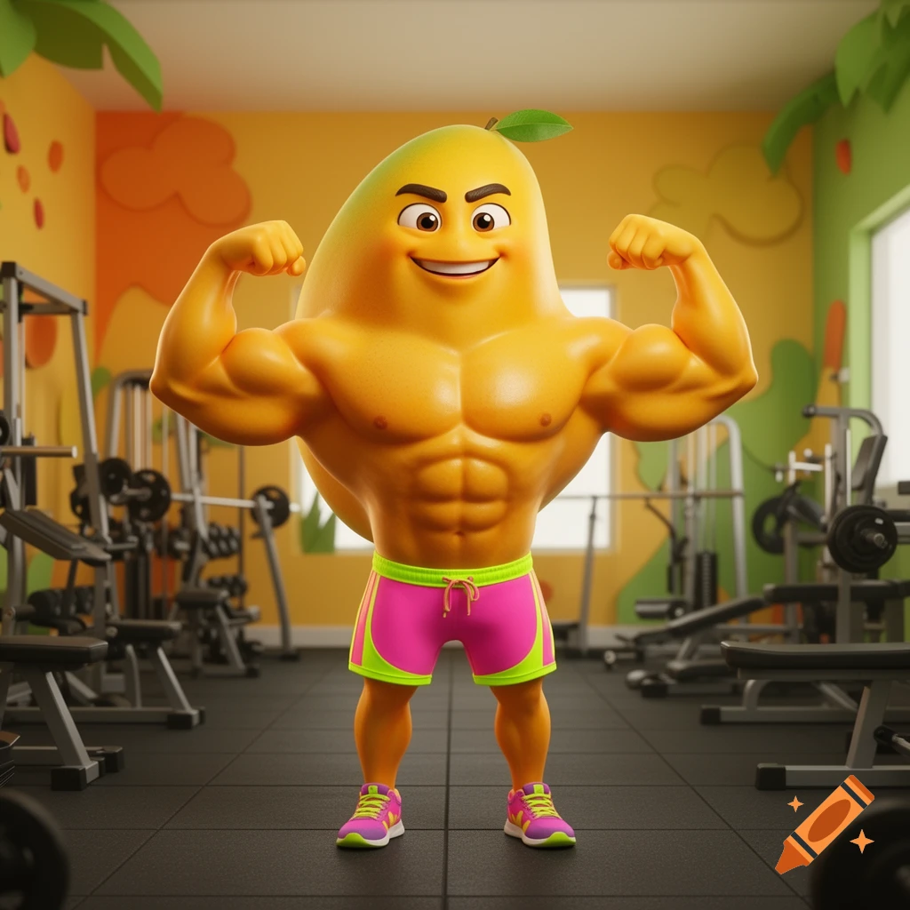 A cartoon mango with a muscular bodybuilder physique, flexing biceps, wearing pink and green gym shorts and sneakers in a brightly colored gym.