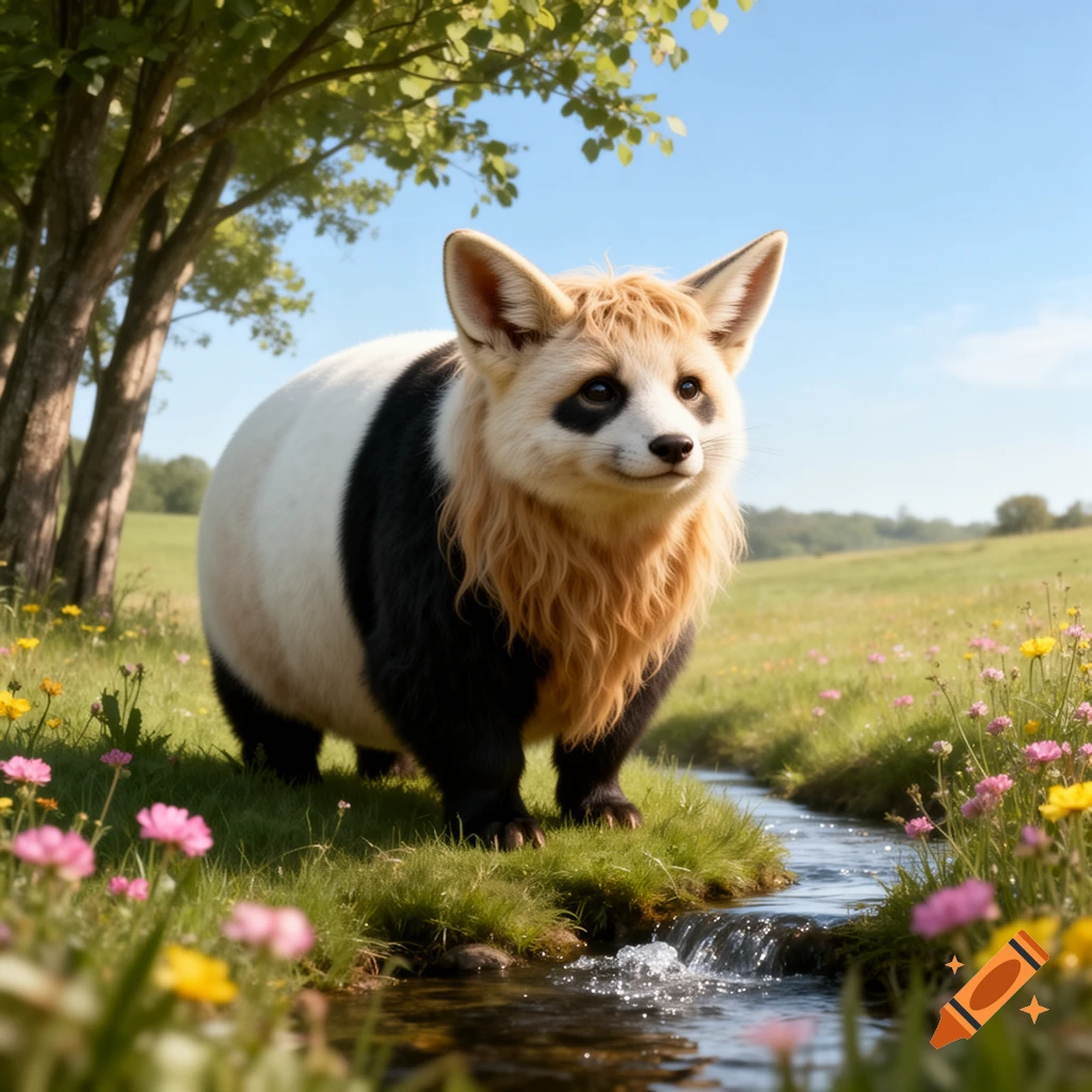 Photorealistic hybrid creature with a panda's body, fennec fox face, and blonde mane, standing by a stream in a sunny meadow.
