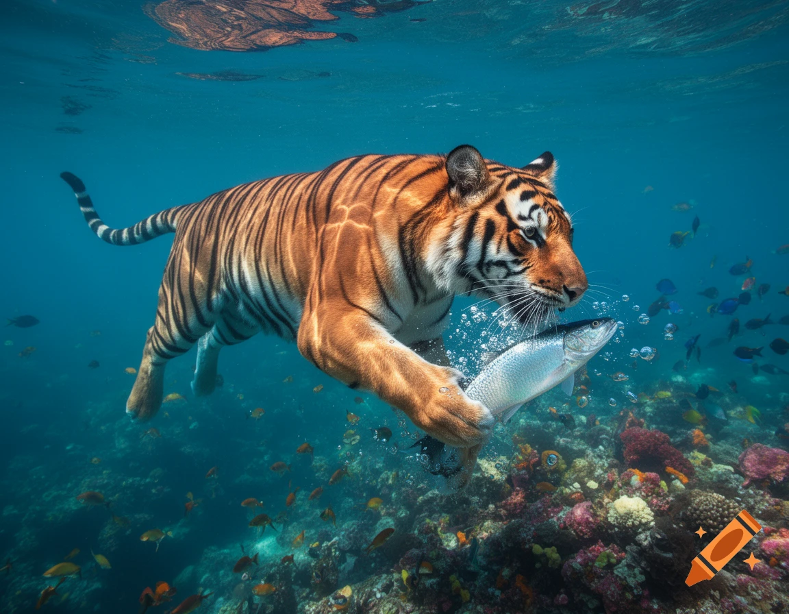 A majestic tiger swims underwater above a vibrant coral reef, holding a silver fish in its mouth.