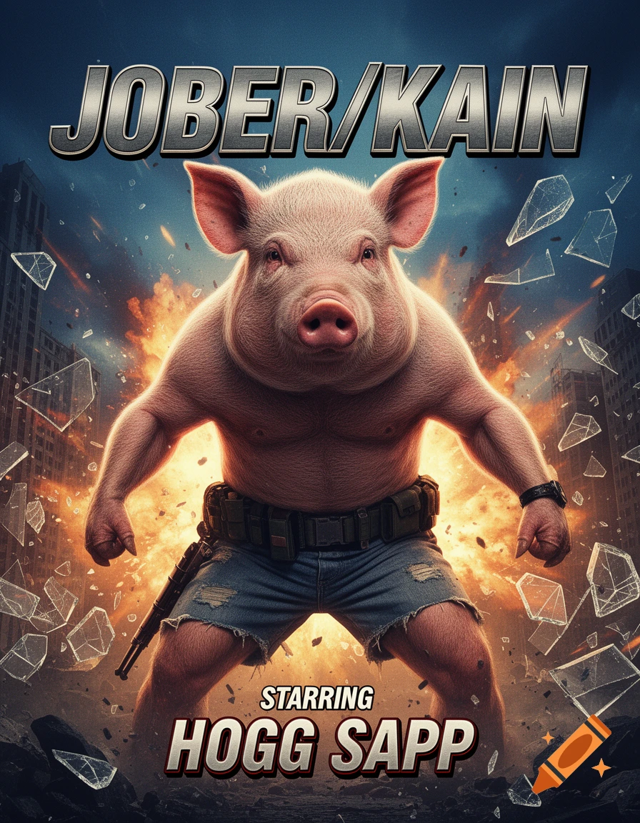 A muscular anthropomorphic pig in jean shorts and tactical gear stands ready for battle amidst explosions and shattered glass, with text "JOBER/KAIN" and "STARRING HOGG SAPP".