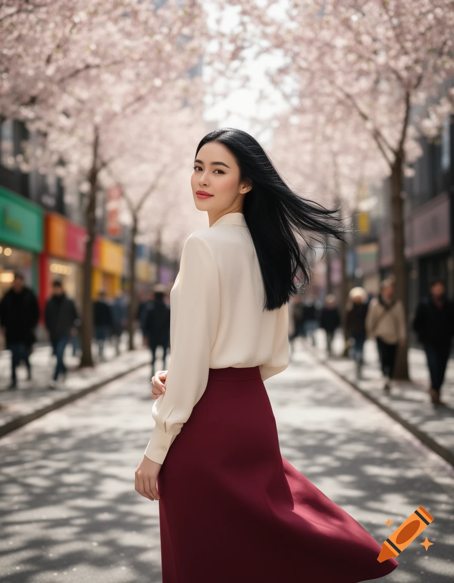 A photorealistic image of a woman in a cream blouse and maroon skirt looking over her shoulder on a cherry blossom-lined street.