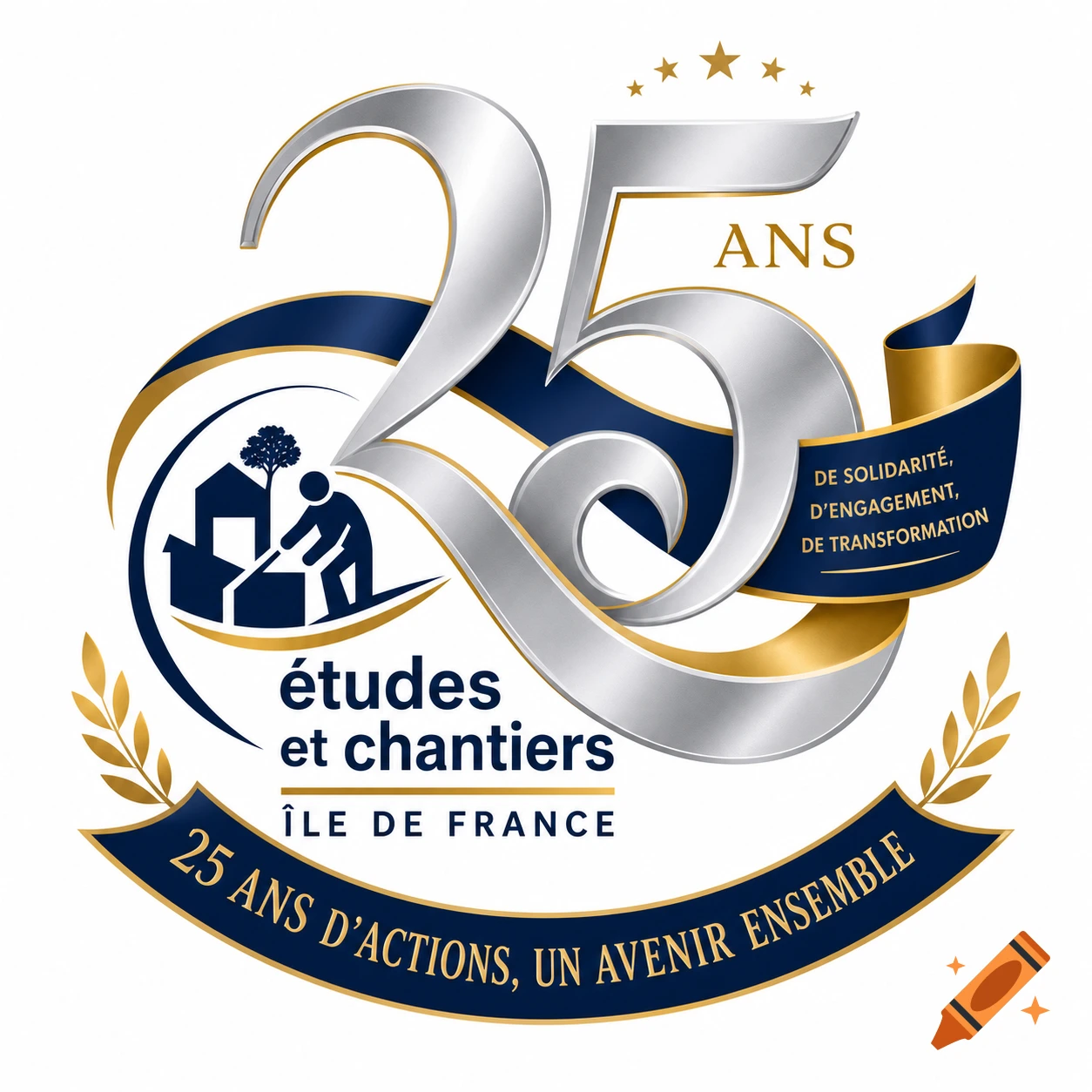 A silver 25 logo with blue and gold ribbons, featuring a silhouette of a person working and text 'études et chantiers ÎLE DE FRANCE' for an anniversary.