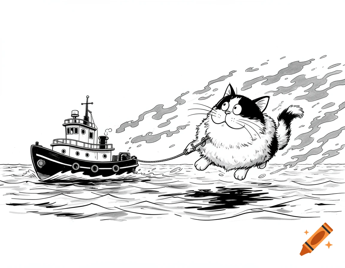 A black and white comic-style cartoon shows a tugboat towing a large, floating, perturbed cat on water with grey streaks behind it.