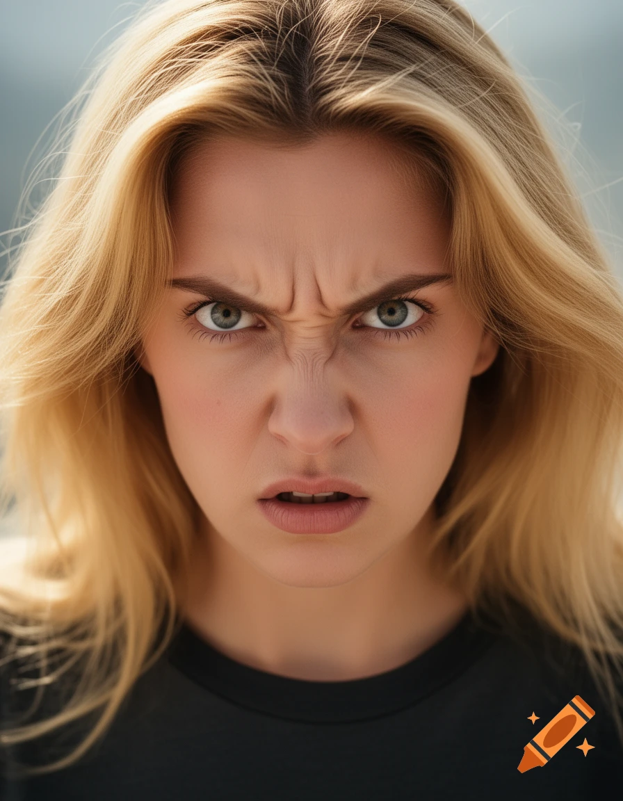 Close-up, photorealistic portrait of an angry blond woman with furrowed brow looking directly forward.