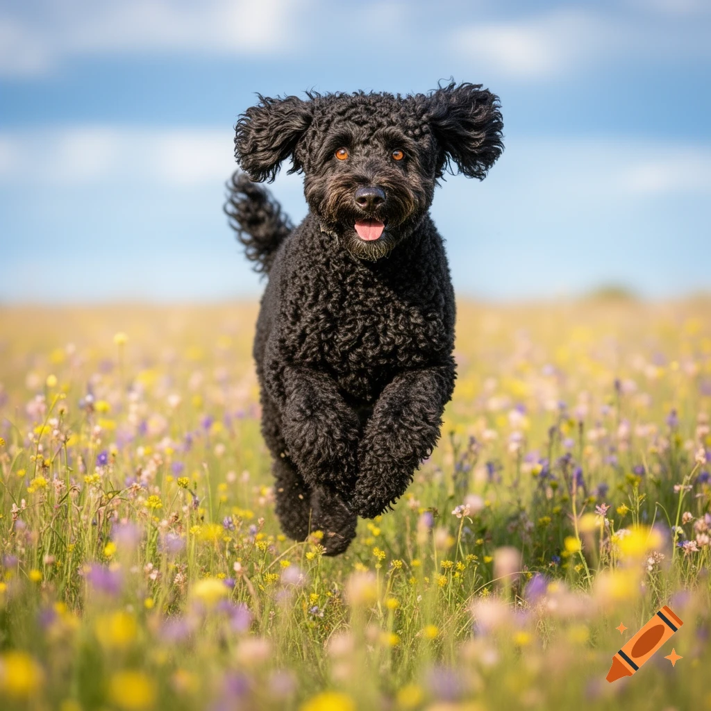 A happy black Labradoodle dog leaps through a vibrant field of yellow and purple wildflowers under a bright blue sky.