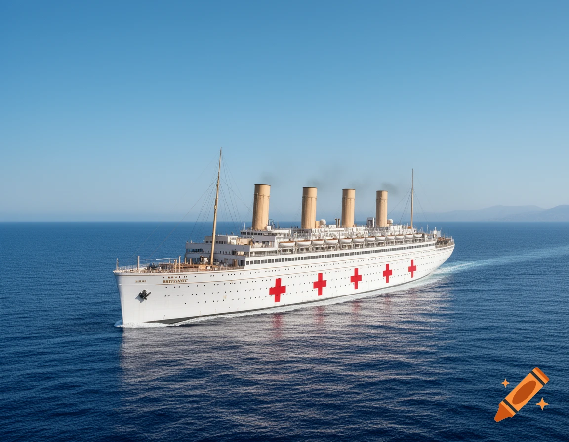 A white hospital ship with red crosses on its hull and "H.M.H.S BRITANNIC" written on the bow sails on a calm blue ocean.
