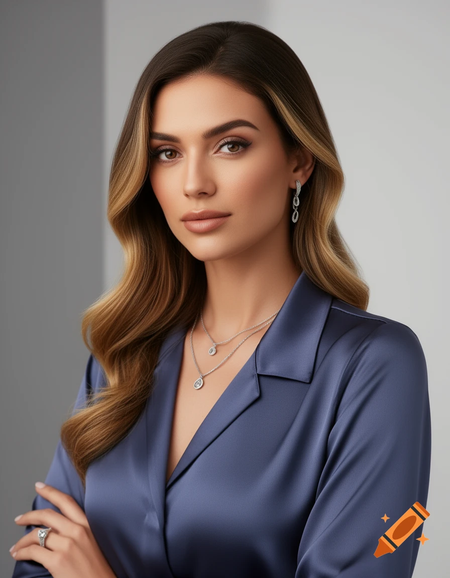 A woman with long wavy hair, wearing a blue satin blouse, earrings, and layered necklaces, gazes forward.