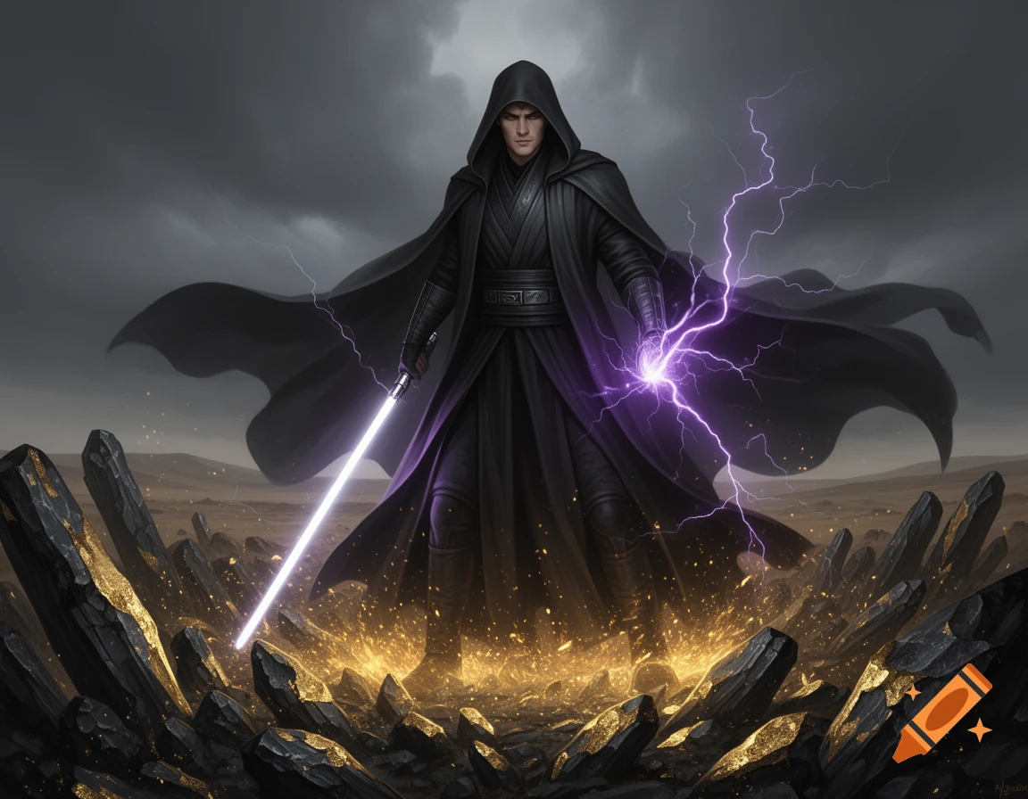 A young Sith Lord in dark robes stands on a field of gold and black rocks, wielding a white lightsaber and casting purple lightning.