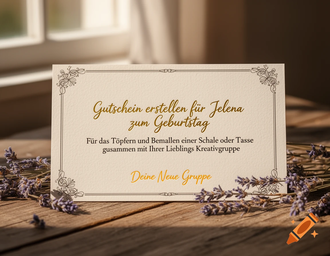 A beige gift voucher with elegant gold and brown German text, framed by decorative corners, lies on a wooden surface next to purple lavender sprigs in natural lighting.