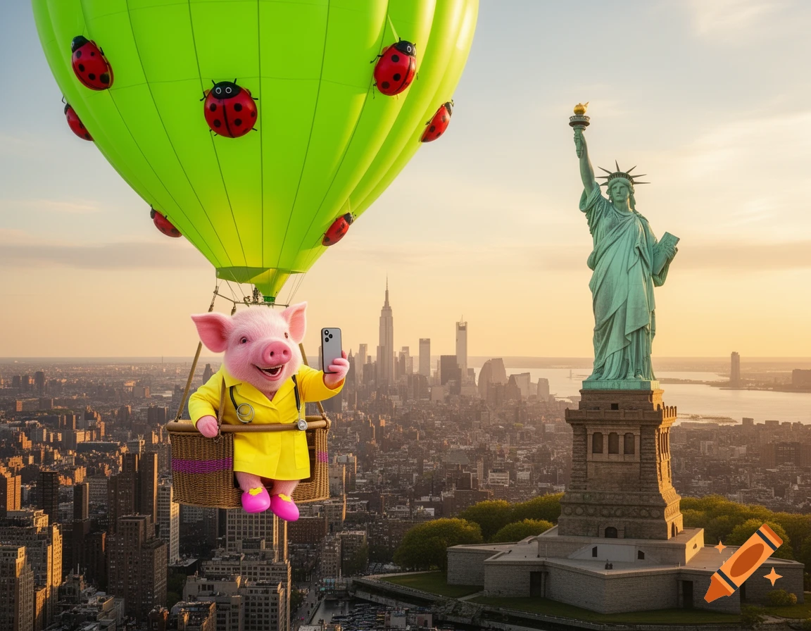 A whimsical pink pig doctor in a green hot air balloon with ladybugs takes a selfie above New York City and the Statue of Liberty at sunset.