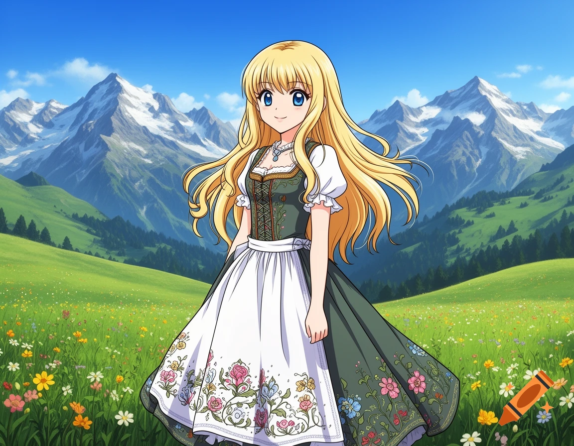 An anime girl with blonde hair in a Swiss national costume stands in a mountain meadow with wildflowers and snow-capped peaks.