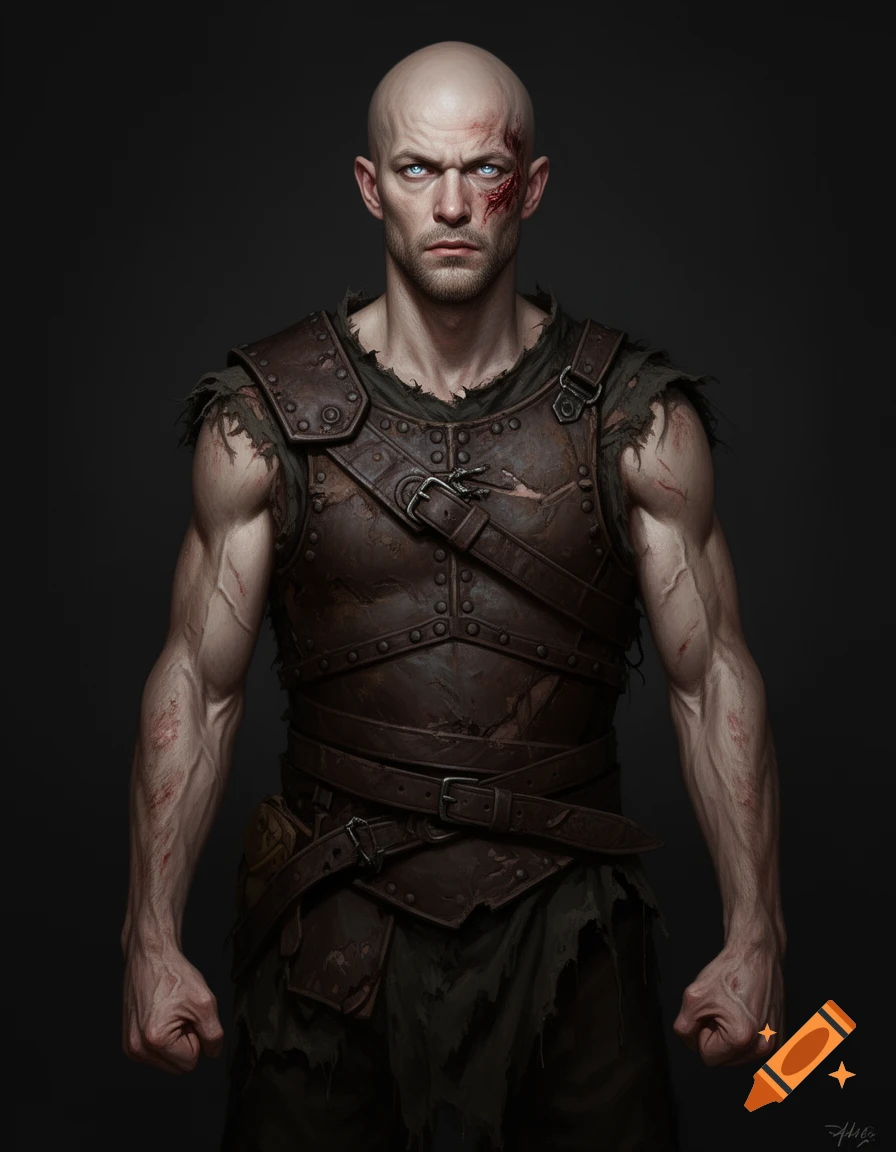 A highly detailed digital painting of a bald male warrior with blue eyes and facial scars, wearing weathered leather armor, against a dark background.