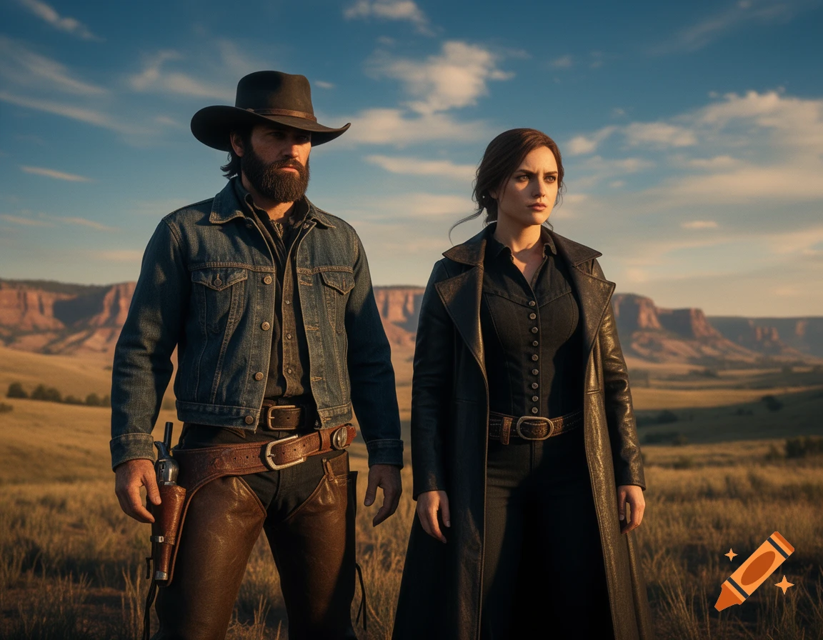 A photorealistic image of a rugged man and a stern woman in Western attire standing in a vast, dry landscape under a blue sky.