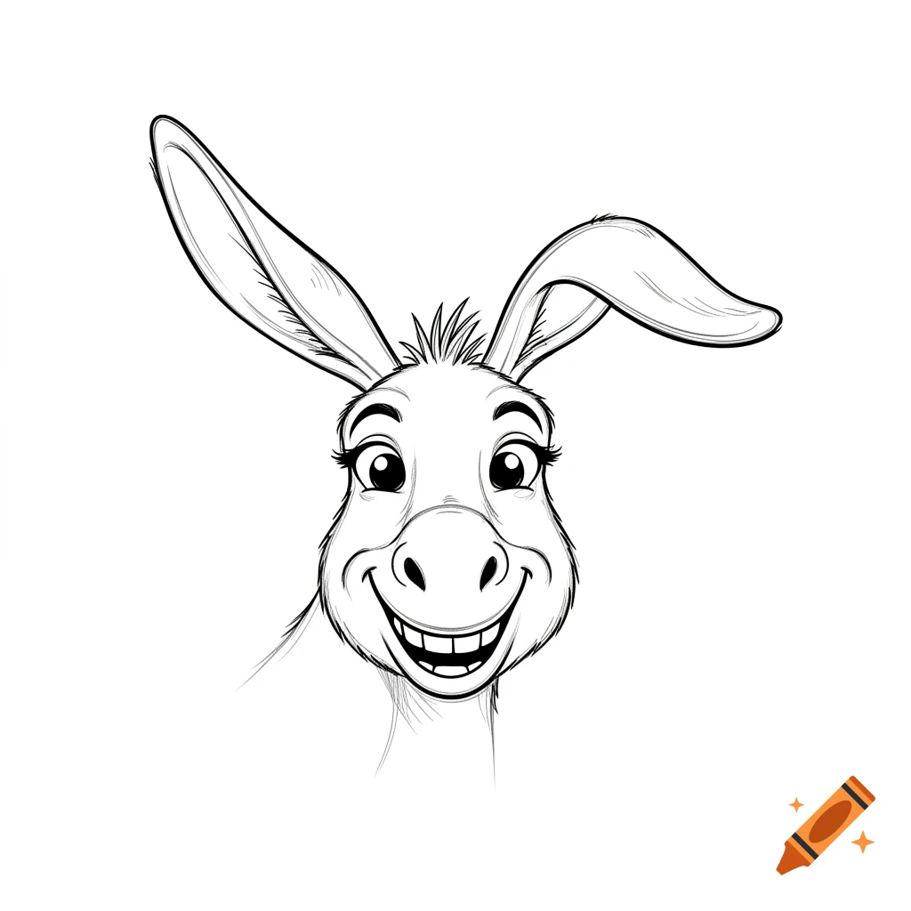 A black and white cartoon line drawing of a smiling donkey's head.
