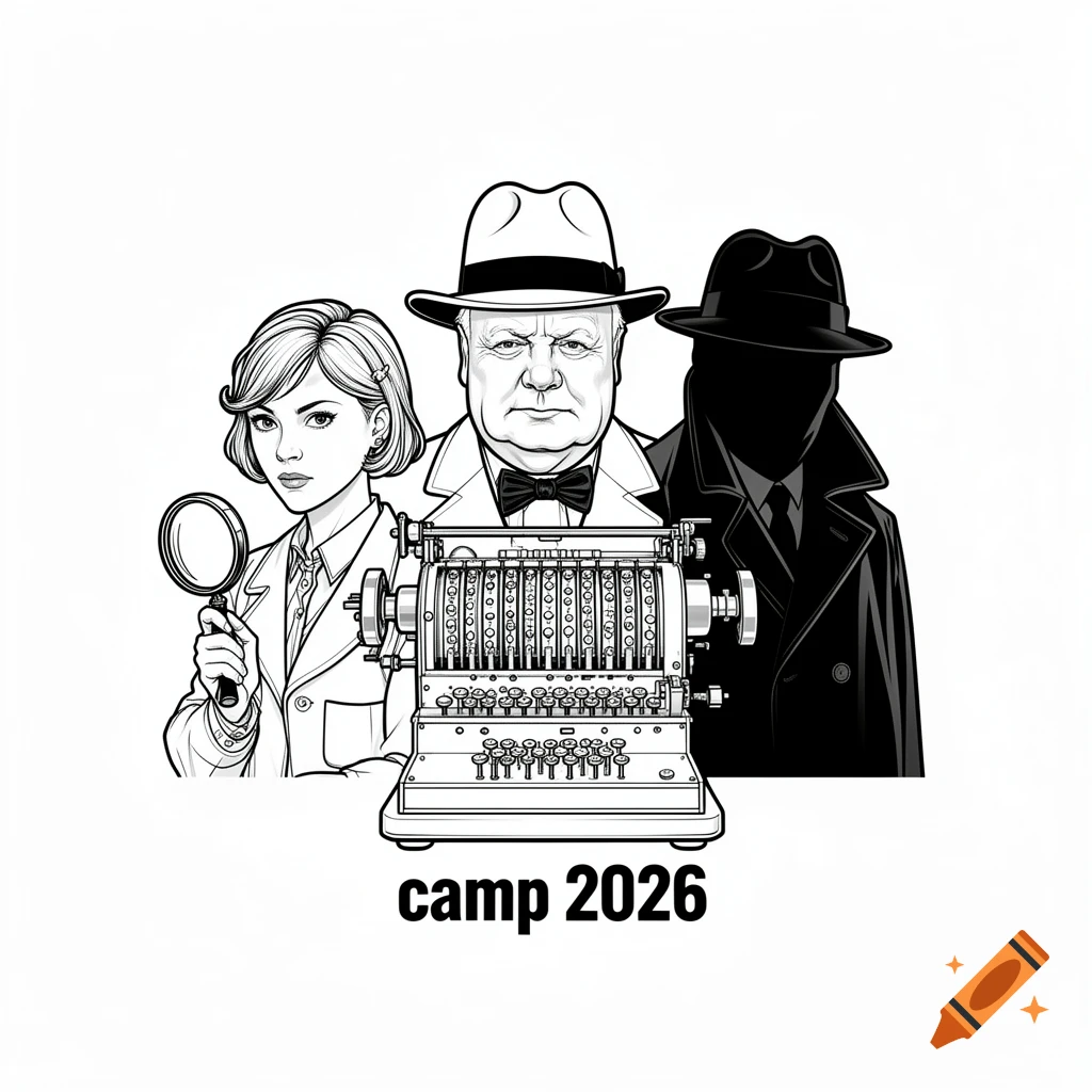 Black and white outline illustration of a female detective, a man resembling Winston Churchill, a shadowy spy, and a vintage calculating machine, with "camp 2026" text below.