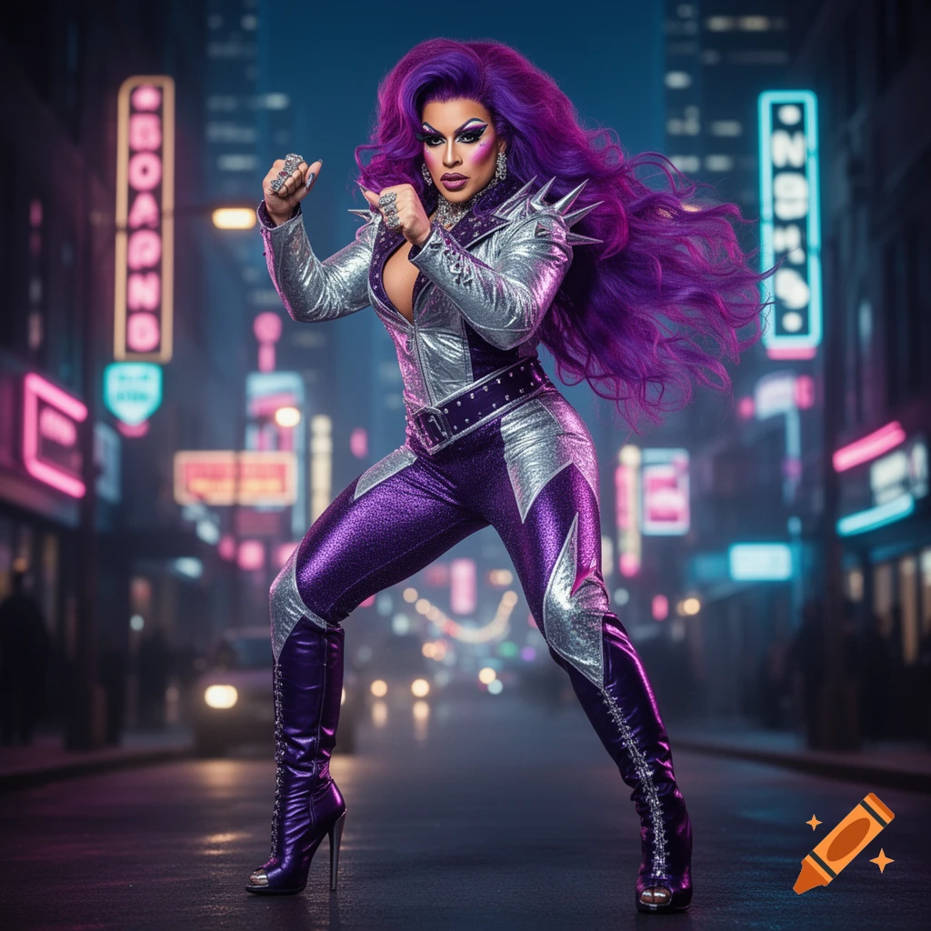 A drag queen with long purple hair and heavy makeup, wearing a sparkly silver and purple jumpsuit with spiked shoulders and high-heeled boots, poses in a fighting stance on a neon-lit city street at night.