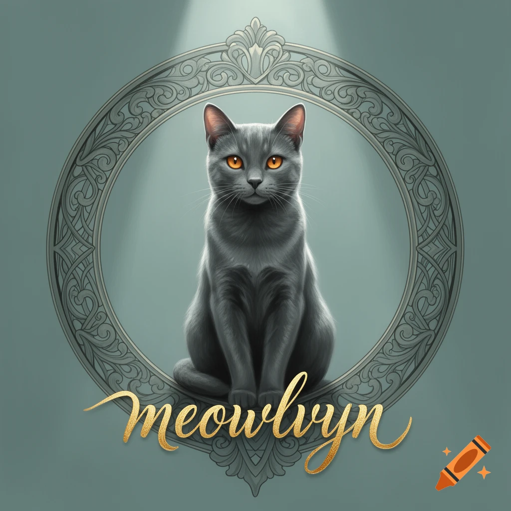 A grey cat with bright orange eyes sits inside an ornate grey circular frame, against a teal background. Golden script text 'meowlvyn' is at the bottom.