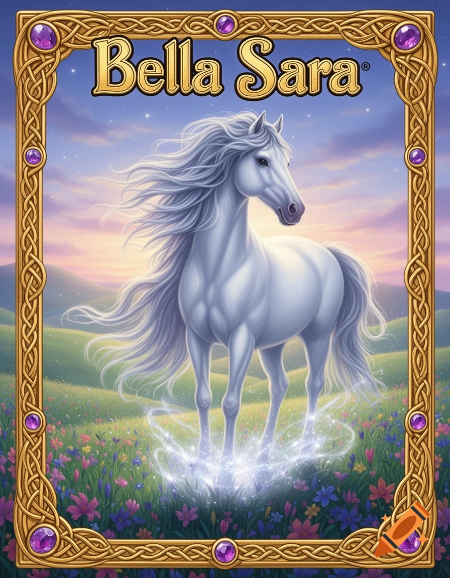 A white fantasy horse with a long flowing mane stands in a magical meadow, framed by an ornate golden border with "Bella Sara" text.