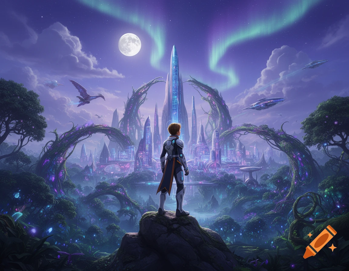 A person in sci-fi armor overlooks a vibrant futuristic city with glowing spires, vine-covered arches, spaceships, moon, and aurora.