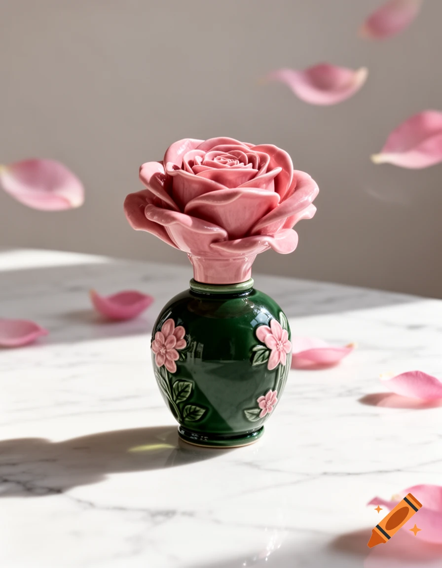 A pink rose-shaped ceramic cap on a dark green perfume bottle with pink floral accents, on white marble with floating petals.