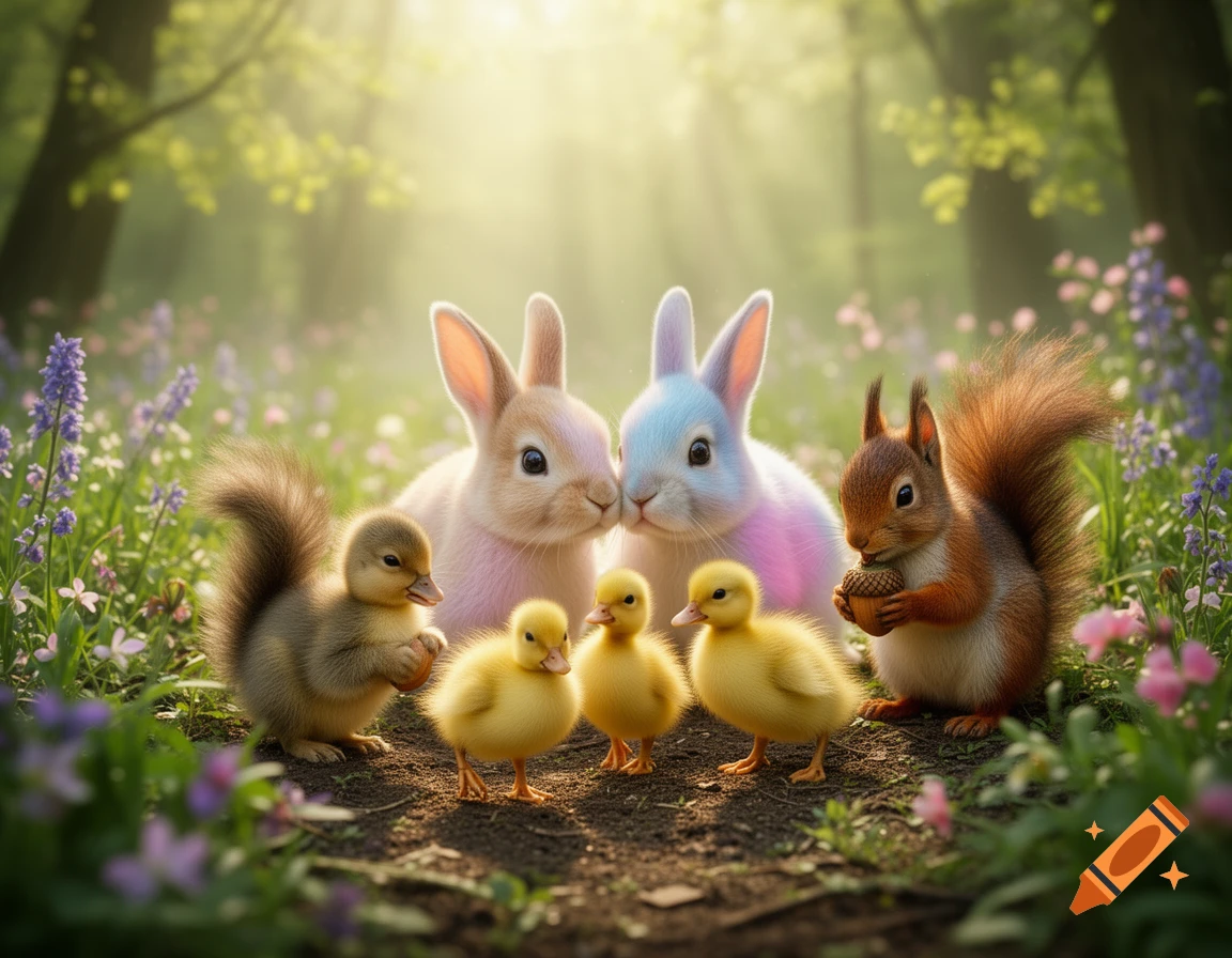 Two cute bunnies, three ducklings, and two squirrels in a sunlit forest with wildflowers.