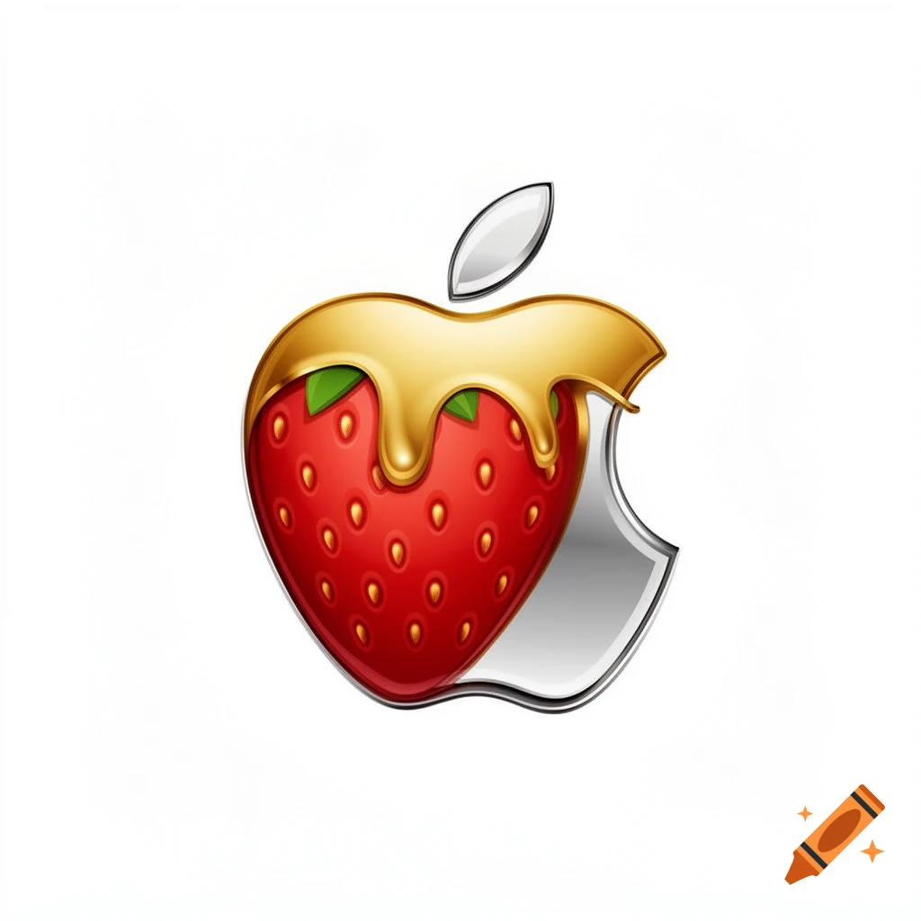 A stylized Apple logo featuring a red strawberry, partially covered in golden syrup, on a white background.
