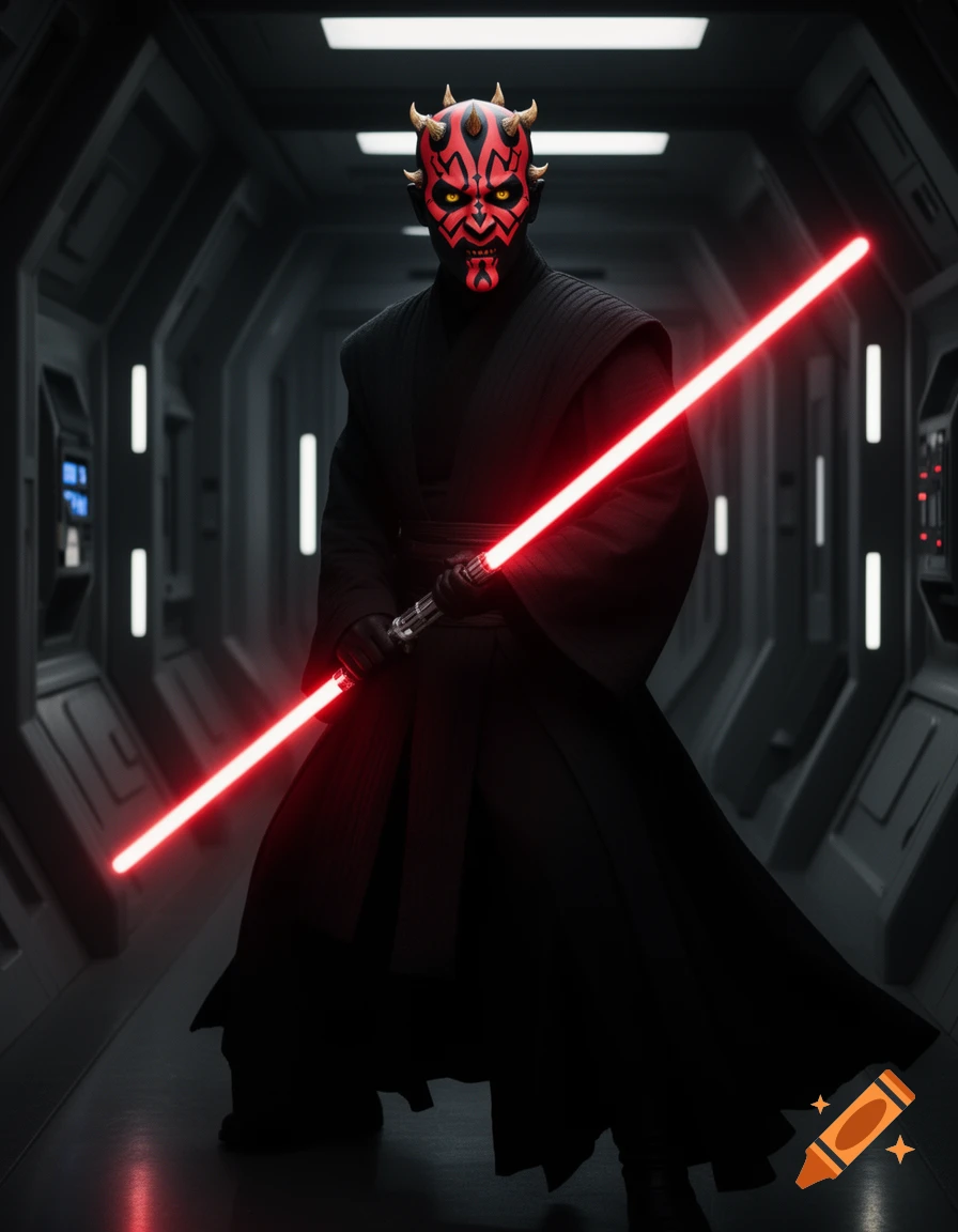 A full-body shot of Darth Maul in a dark corridor, holding a red lightsaber.