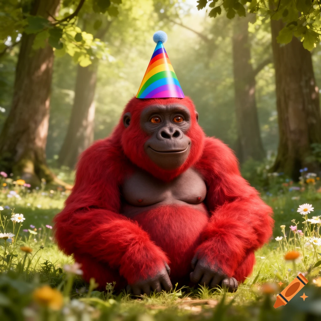 A smiling, bright red gorilla wearing a rainbow party hat sits in a sunny forest clearing surrounded by wildflowers.