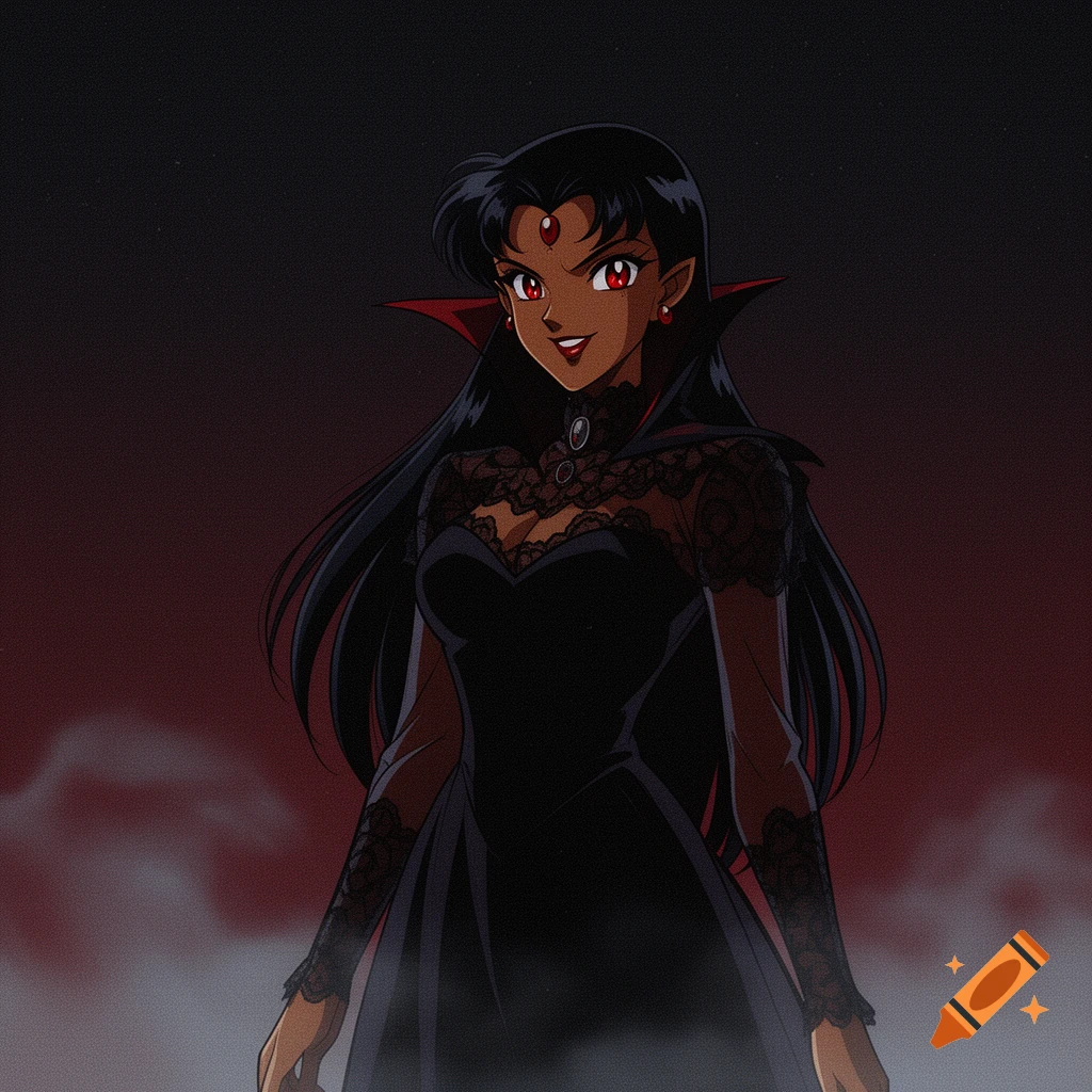 90s anime style portrait of a dark-skinned female vampire with black hair, red eyes, and a black lace dress, smiling.