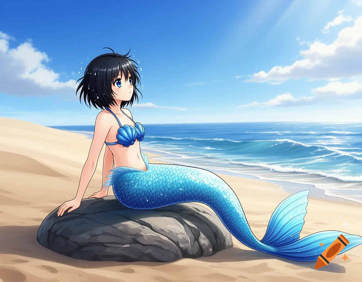 An anime mermaid with short black hair and a blue seashell bra sits on a rock on a sandy beach, gazing at the blue ocean.